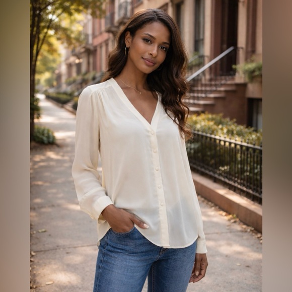 Elizabeth and James Tops - Elizabeth & James 100% Silk Blouse Cream V Neck Quiet Luxury Cottagecore Chic S